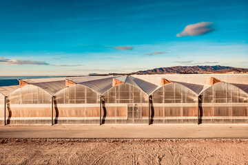Aerial view. Commercial greenhouses on coast, Spain.