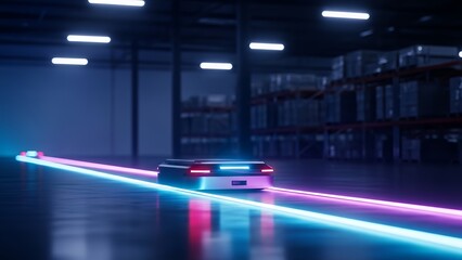 Autonomous Guided Vehicle (AGV) Transporting Goods in a Modern Smart Warehouse with Neon Light Paths
