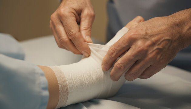 Medical professional wrapping bandage around patient’s ankle - Powered by Adobe