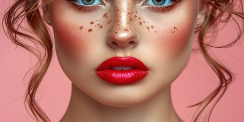 Fototapeta premium Close-up portrait of a woman with red lips and freckles