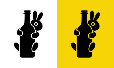 A black silhouette icon featuring a rabbit character holding onto a bottle design