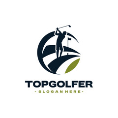 Golf Sports Logo Design Vector. Concept of a golfer swing when hitting the ball.