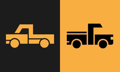 Minimalist flat design illustration of two pickup truck icons on contrasting backgrounds