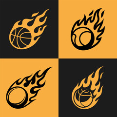 A dynamic set of four flaming basketball logos in black and orange-yellow, perfect for sports branding