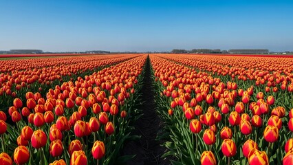 Vibrant Red Tulip Field Under Clear Blue Sky.