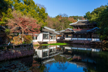 Chinese Classical Architecture and Lake View in Autumn at Quyuan Garden, West Lake Scenic Area,...