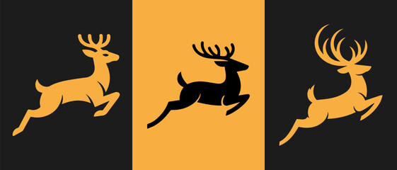 Three jumping deer silhouettes with varying antlers and a high-contrast color scheme