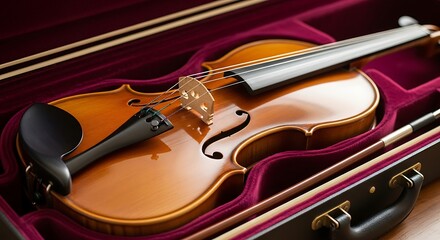 Fototapeta premium Close up of a finely crafted wooden violin resting securely inside its plush dark red velvet lined instrument case next to the bow.