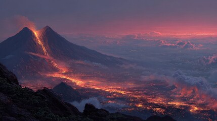 Volcanic eruption at sunset with flowing lava and atmospheric clouds