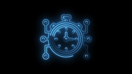 Digital stopwatch glowing neon blue on black background representing time management - Powered by Adobe