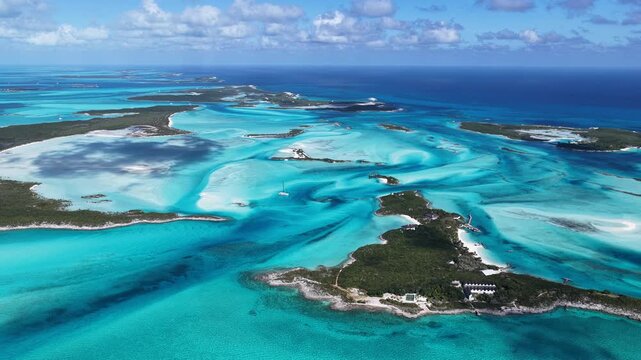 Exuma Skyline In Exuma Black Point Bahamas. Bird Eye View Of A Amazing Coastal Beach In The Summer Holiday. Shore Horizon Beach Sea. Shore Scenic Coastline. Exuma Black Point.