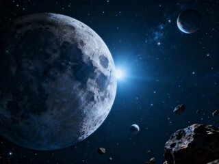 Obraz premium A celestial scene featuring a large moon, distant planets, and asteroids in deep space with a bright star illuminating the view.