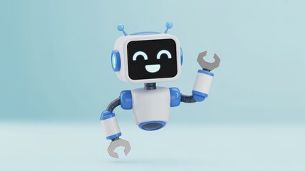 Friendly cartoon robot waves hello with a cheerful smile and wrench appendage