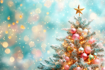 Christmas card with decorated fir tree and bokeh background in soft pastel tones and copy space