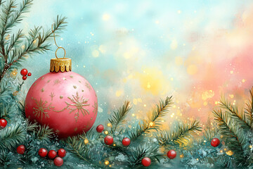 Christmas card with copy space, fir decorated branch and a glass ball, in saft paste tones