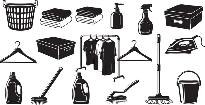 Household laundry and cleaning supplies icons
