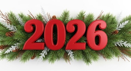 Rote 3d Jahreszahl 2026 auf Tannenzweigen als festliche Weihnachts und Neujahrsdekoration auf wei&szlig;em Hintergrund Generative KI
