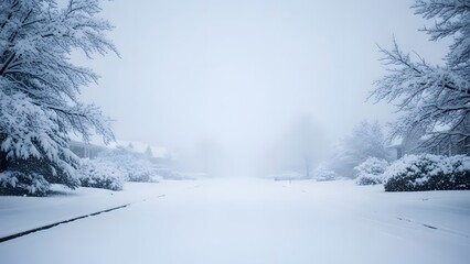 Snow-covered landscape with trees and frozen lake on a foggy winter day