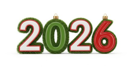 Gr&uuml;ne dreidimensionale Jahreszahl 2026 mit rotem Rand als festliche Neujahrsdekoration auf wei&szlig;em Hintergrund Generative KI