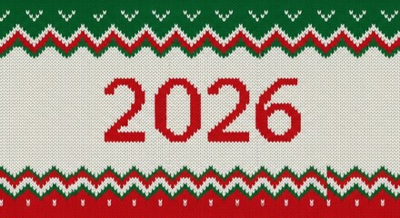 Gestricktes Wintermuster in gr&uuml;n rot und wei&szlig; mit Jahreszahl 2026 f&uuml;r festliche Neujahrsgr&uuml;&szlig;e Generative KI