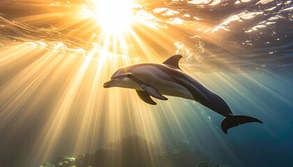 Dolphin swimming underwater in blue ocean with sunlight rays beam on seafloor for marine life concept