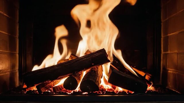 Video Cozy fireplace scene with burning flames and logs