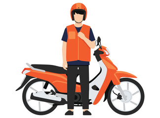 Thai Motorcycle taxi rider driver wearing orange vest and helmet standing next to his scooter motorcycle. Delivery service concept.