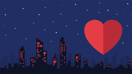 Romantic City Skyline with Heart Illustration at Night