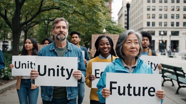 Diverse group of people marching together holding signs promoting unity and future.