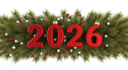 Rote 2026 Zahl auf Tannenzweigen mit Beeren und kleinen Kugeln als festliche Weihnachts und Neujahrsdekoration auf wei&szlig;em Hintergrund Generative KI