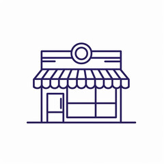 Simple line drawing of a storefront with striped awning and large windows