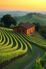 Fantasy art: vineyard in Tuscany,view of a red painted farmhouse surrounded by neat rows of grape vines, natural background at sunrise