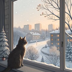 Cat Looking at Winter City. New Year 2025 stock illustration , white background