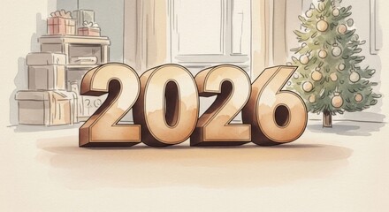 Gem&uuml;tliche Wohnzimmer Szene mit Weihnachtsbaum und goldener 2026 Zahl auf dem Boden in warmem Licht als Neujahrsmotiv Generative KI