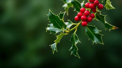 Holly branch with red berries on green blurred background. Close-up of a holly branch featuring red berries, set against a green blurred backdrop.