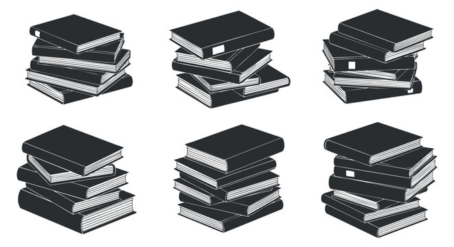 A collection of stacked books in black and white minimalist vector style, ideal for educational materials and library designs