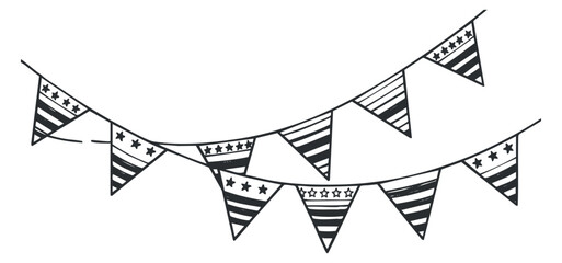A set of striped and star-patterned bunting flags in black and white line art vector style, ideal for festive decorations