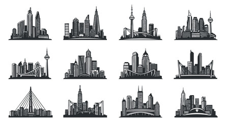 Fototapeta premium A collection of urban city skylines in black and white vector style, suitable for architectural design projects and travel graphics