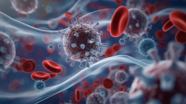 Close up animation of virus particles flowing in human bloodstream with red blood cells.