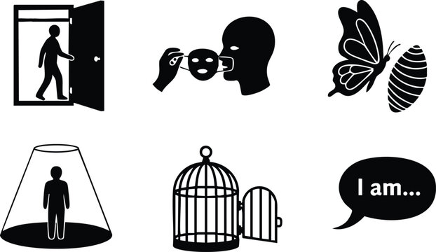 Minimalist icon set showing close up silhouette unmasking butterfly emerging from cocoon open cage and person walking through doorway under spotlight contemplative mood monochrome vector illustration