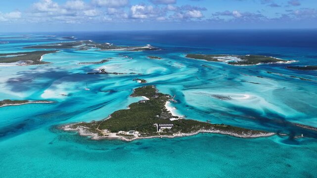 Exuma Skyline In Exuma Islands Black Point Bahamas. Stunning Tropical Coastline Beach Scene Viewed From Above. Coast Horizon Seaside Summertime. Coast Outdoors Panning Wide.