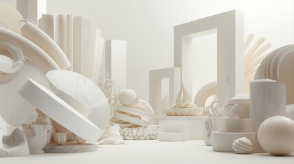 Cloud Dancer 2026 abstract minimalist scene with organic geometric forms and architectural frames. Soft neutral palette perfect for luxury branding, product mockups, modern presentations.