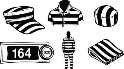Flat vector icon set of striped prison hat striped shirt prisoner uniform badge number 164 folded blanket prisoner silhouette isolated black and white graphic simple icons