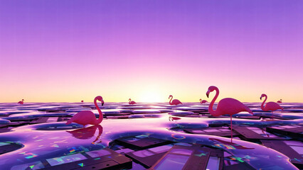 A surreal sunset over a tranquil body of water populated by numerous pink flamingos, with a vibrant purple and pink sky reflecting on the water's surface
