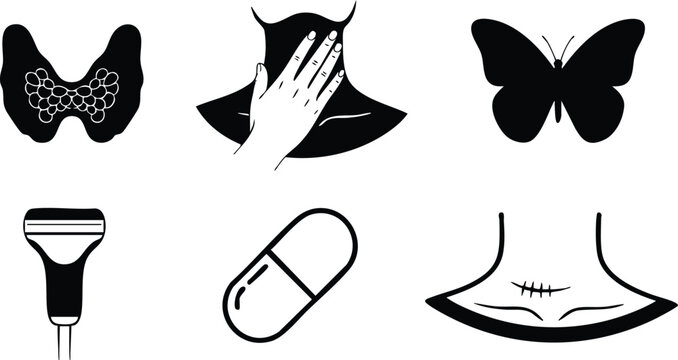 Flat design close up thyroid and neck icons showing hand on neck butterfly gland scar pill razor and surgical incision in black silhouette vector medical set