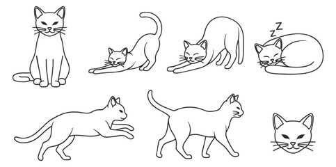 A collection of playful and sleeping cat illustrations in black and white minimalist vector style, ideal for pet-themed designs