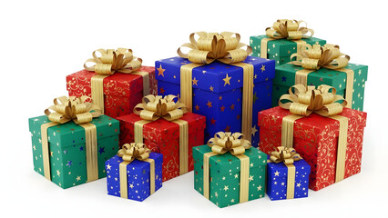 Colorful wrapped gifts with gold bows for holidays and celebrations