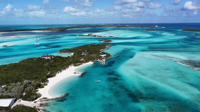 Exuma Skyline In Exuma Islands Black Point Bahamas. Aerial View Of Stunning Beach With Crystal Clear Waters. Deserted Skyline Grateful Stunning. Grateful Waterfront Shore. Exuma Islands Black Point.