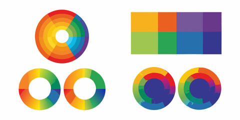 Obraz premium Colorful geometric shapes and color wheel designs illustrate vibrant spectrums and gradients