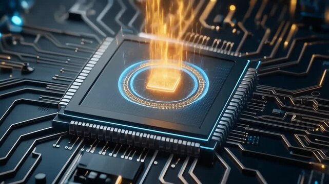 Close Up High Tech Microchip Circuit Board With Glowing Elements.